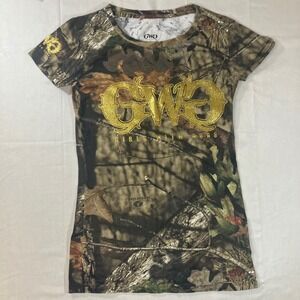 Girls With Guns GWG Mossy Oak Camo Gold Glitter Logo Graphic Tee Shirt Small